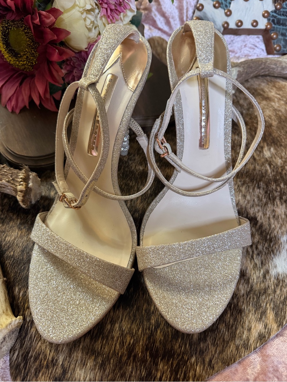 Sophia Webster Rosalind Crystal Mid Rose Gold Glitter Heels Sandals EU 40